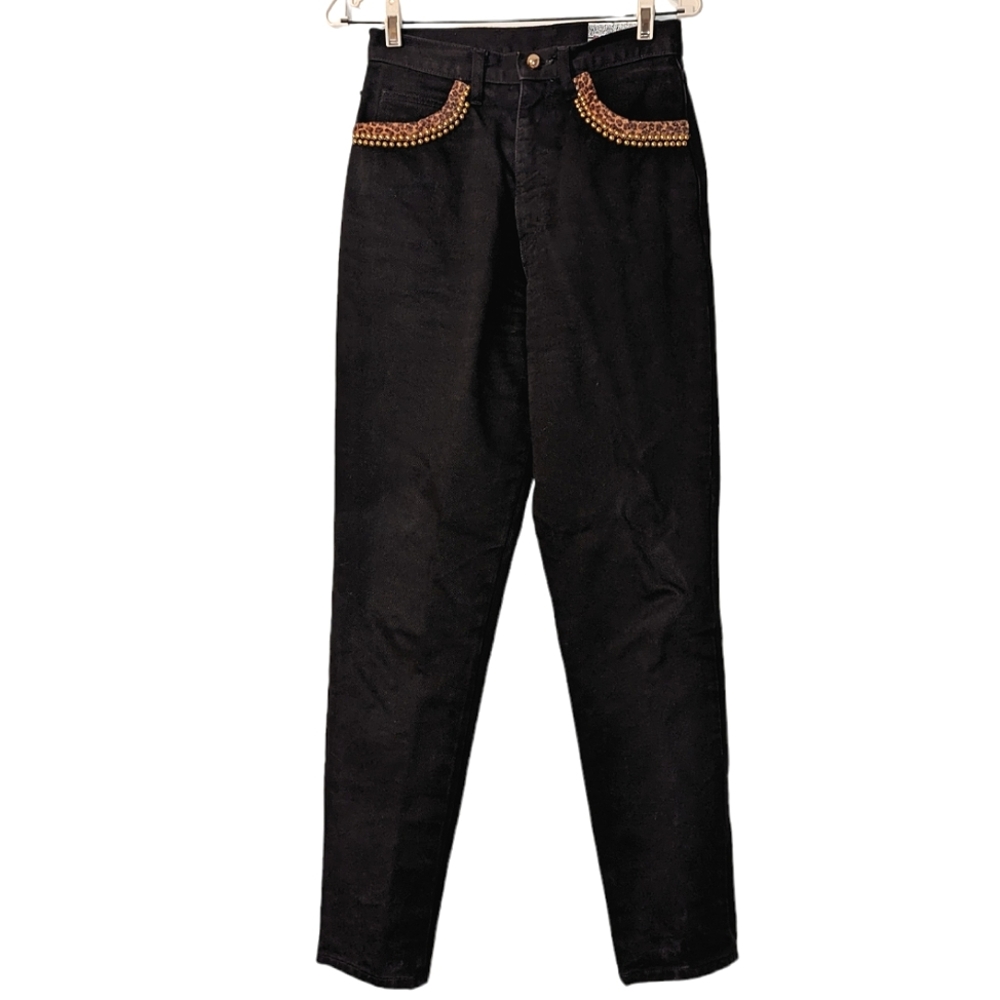 90s Robin Berry Florida Black Leopard High Rise Straight Rigid Denim Jeans 8